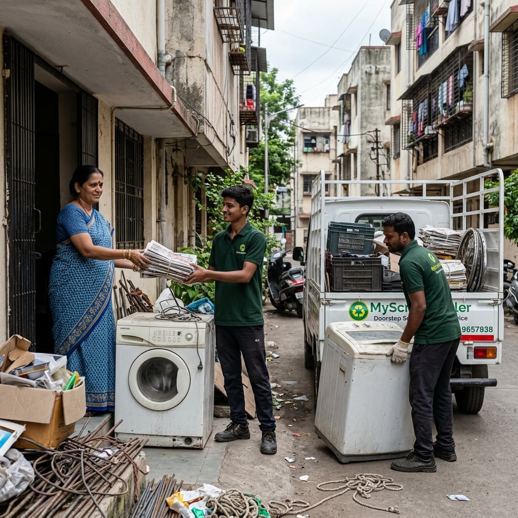 Doorstep scrap pickup team collecting household scrap from Indian residential colony
