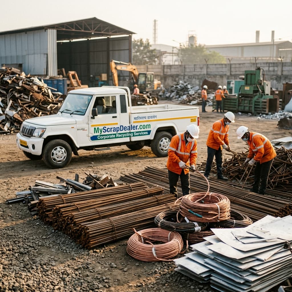 Camera-clicked Indian scrap recycling yard with sorted metal and MyScrapDealer pickup team