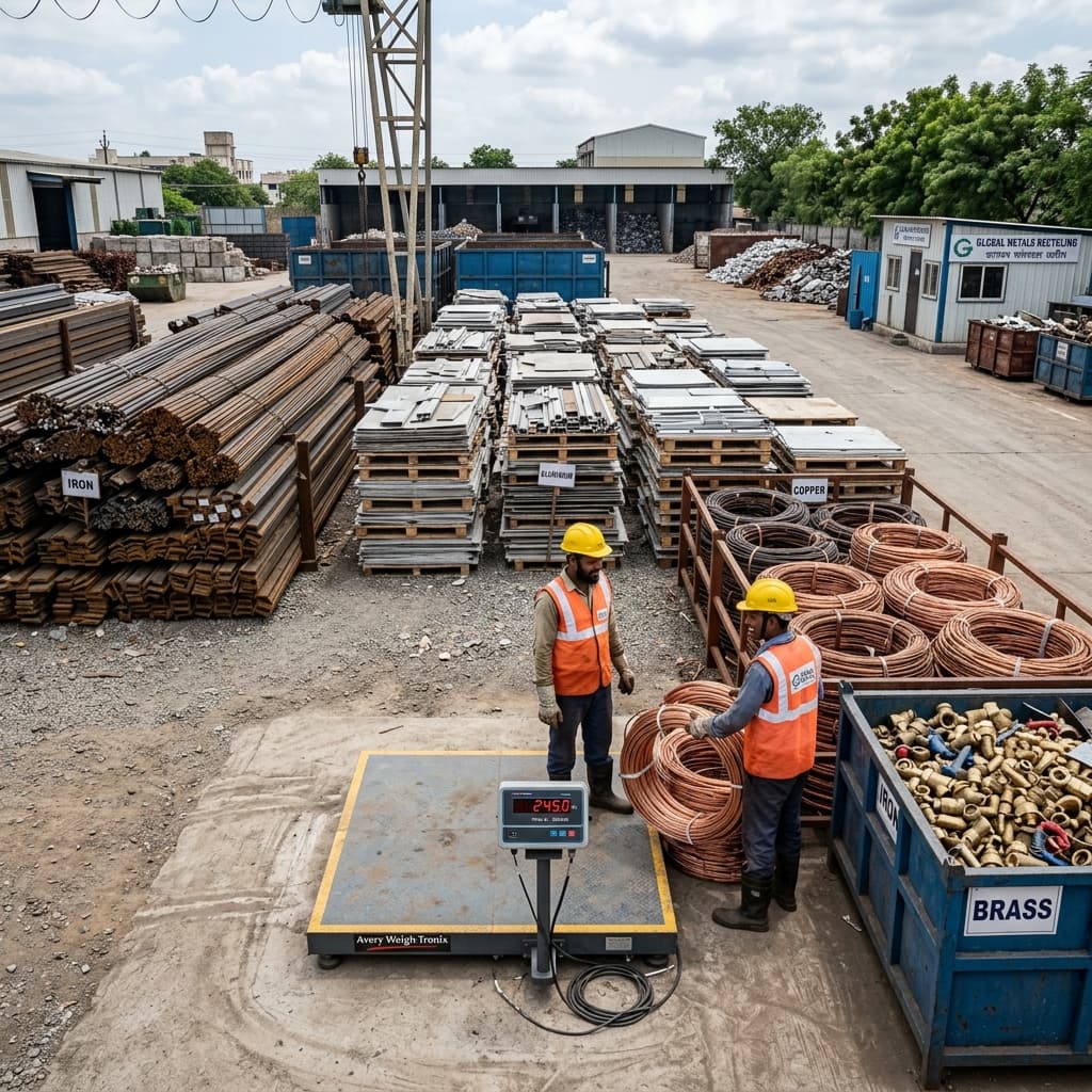 Sorted metal scrap yard showing iron steel aluminium copper and brass with weighing scale
