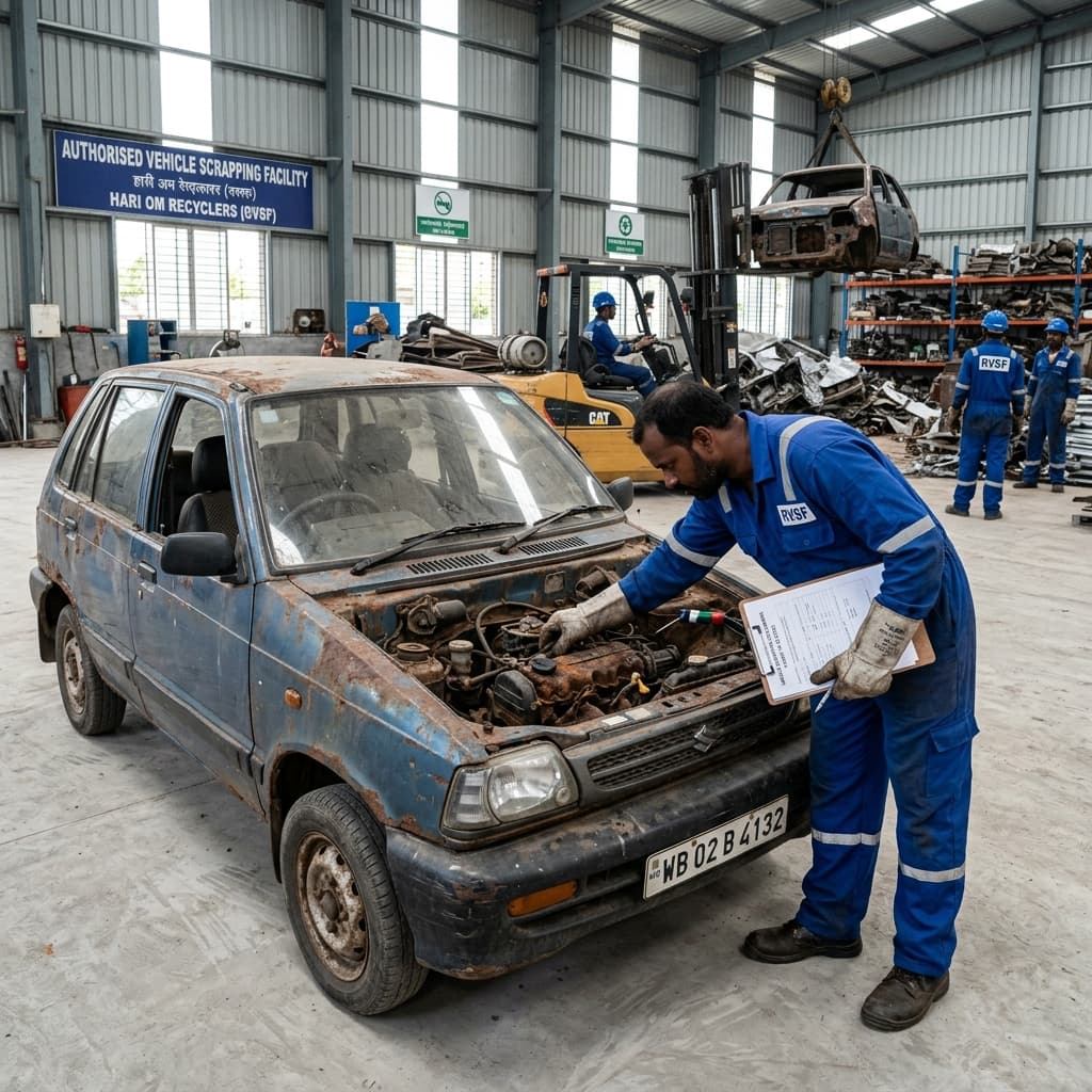 Old car inspection at authorised vehicle scrapping facility RVSF in India